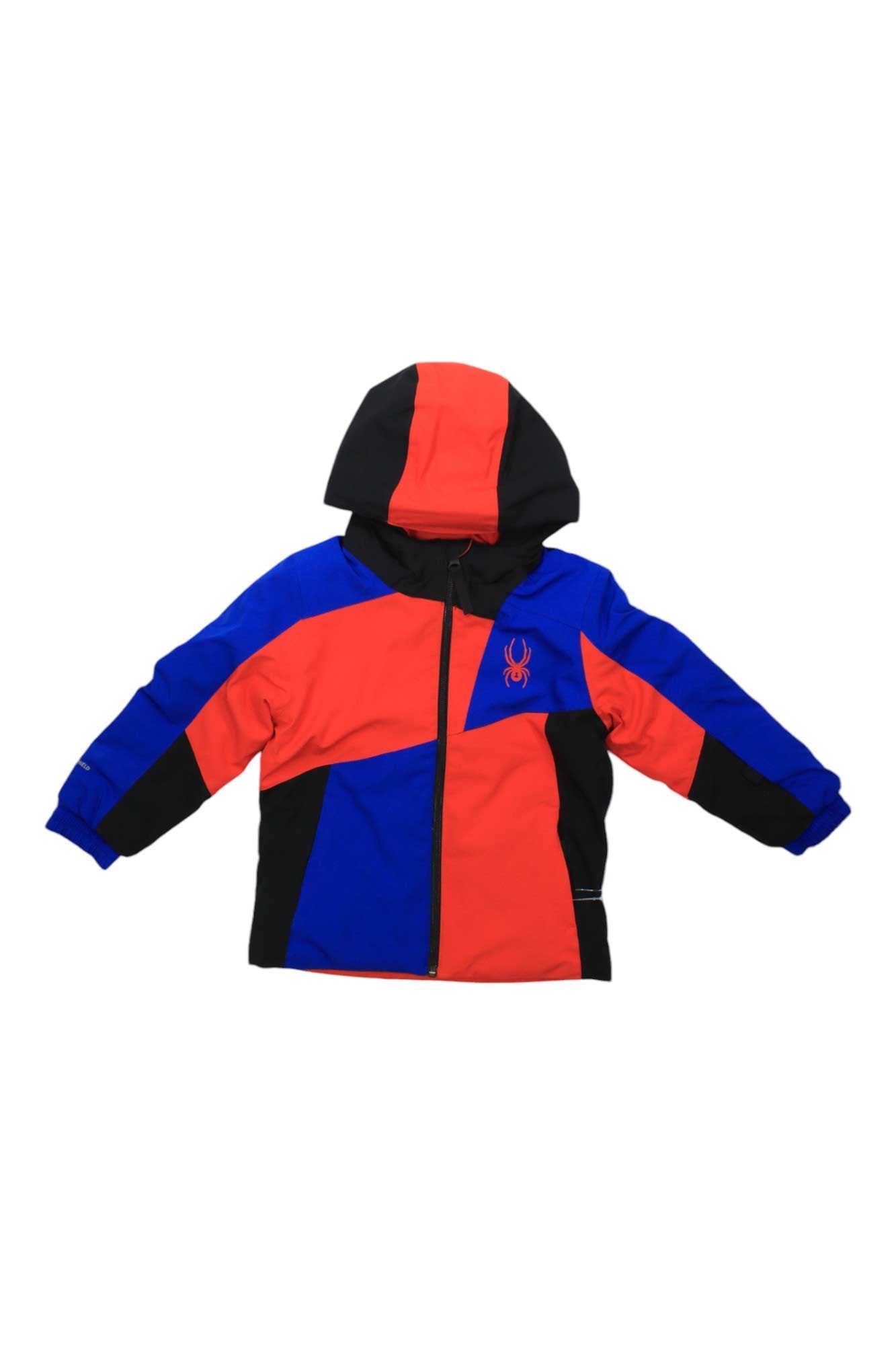 The Spyder Toddlers Boy Ambush Jacket is a hooded ski jacket with a zipper, bold red, blue, and black color blocks, PrimaLoft insulation for warmth, and features a small spider logo on the chest.