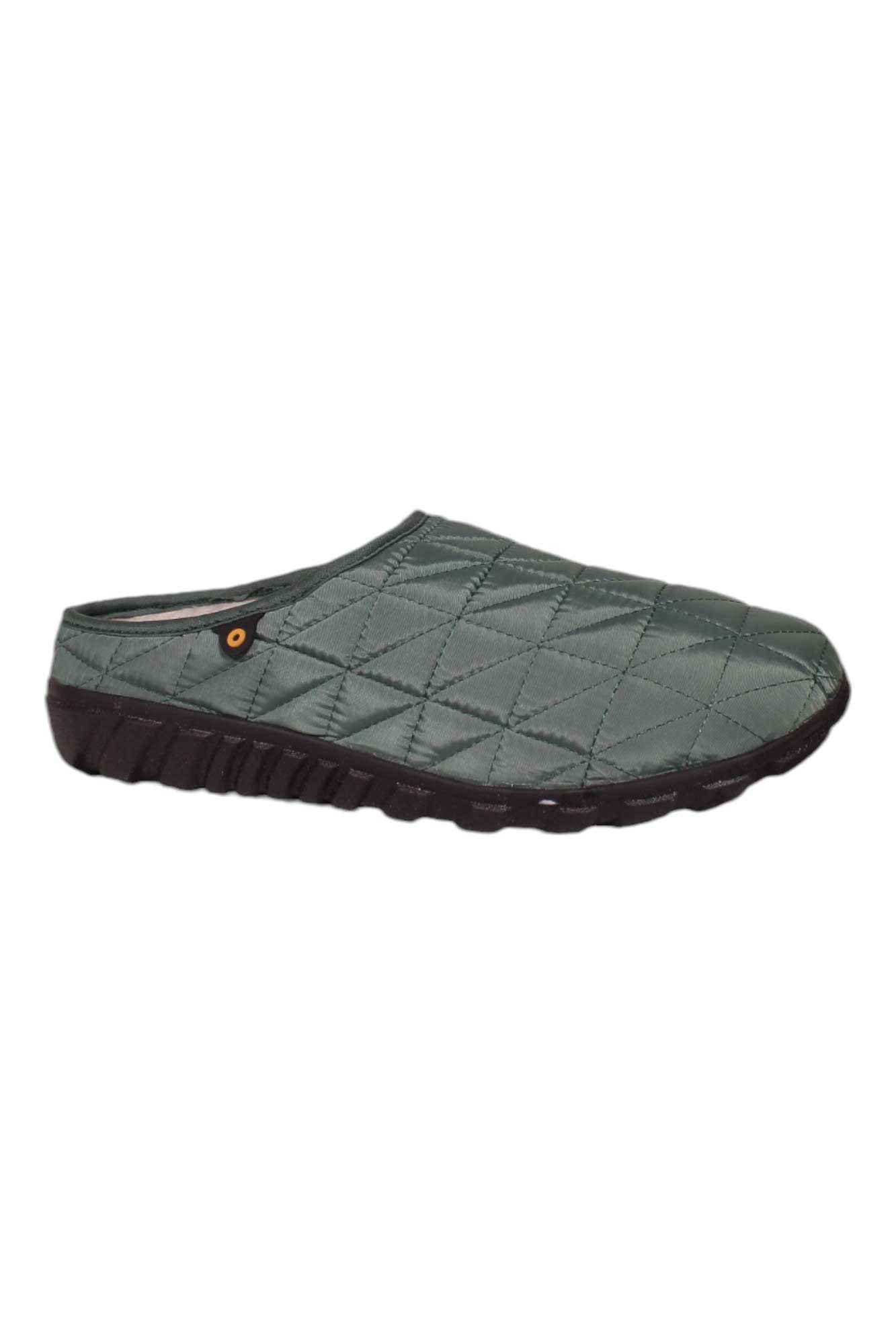 The Bogs Women's Snowday II Slipper is a quilted, slip-on slipper with a green upper, black sole, diamond stitch pattern, fleece lining for comfort, and an orange detail near the heel.