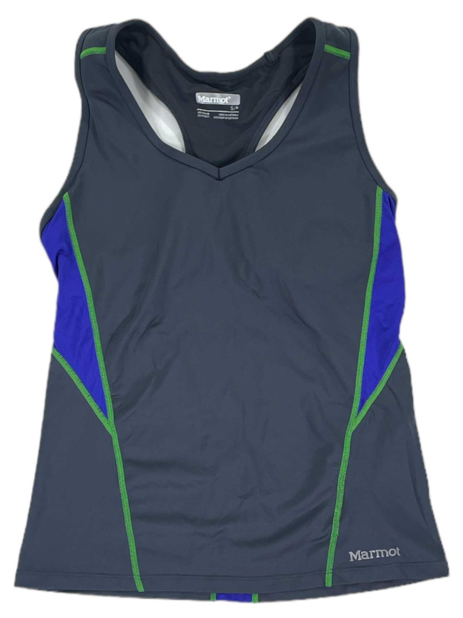 The Womens Active Tank Top is a sleeveless dark gray athletic top with green piping and blue side panels, designed for moisture-wicking. It is shown laid flat on a white surface.