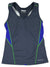 The Womens Active Tank Top is a sleeveless dark gray athletic top with green piping and blue side panels, designed for moisture-wicking. It is shown laid flat on a white surface.