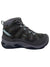 Women’s dark gray mid hiking boot with teal accents, laces, and KEEN logo