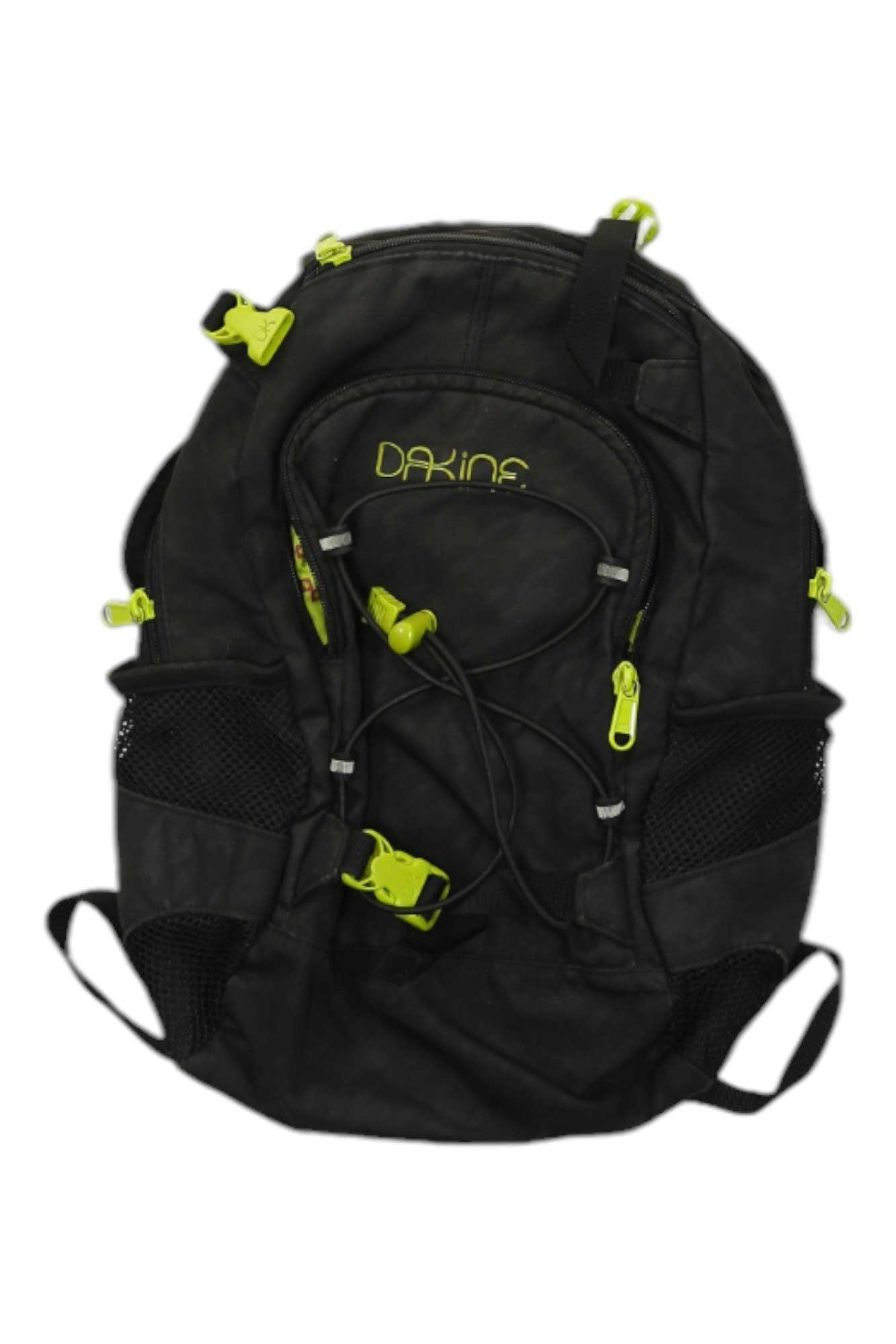 The Dakine Youth Grom Backpack in black features neon yellow zippers and accents, mesh side pockets, a front elastic cord, and recycled polyester shoulder straps—ideal for kids’ adventures. Shown on a white background.