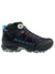 The Mammut Womens Sertig II Mid GTX Shoe is a black lightweight multifunctional shoe with blue and orange accents, a gray sole, and blue MAMMUT branding on the side. Features Gore-Tex weather protection. Shown in side profile on a white background.
