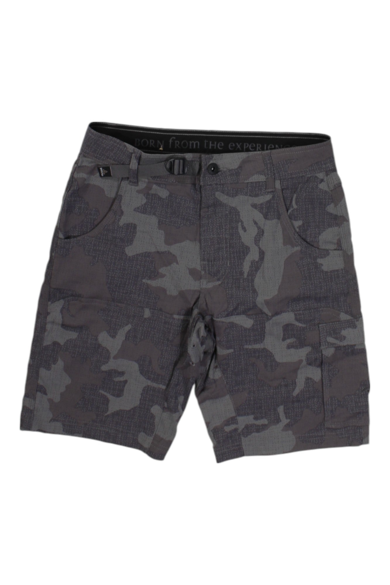 The Prana Men's Stretch Zion Short - 10in features a gray camo pattern, quick-dry fabric, front pockets, belt loops, and a zipper fly, shown against a white background.
