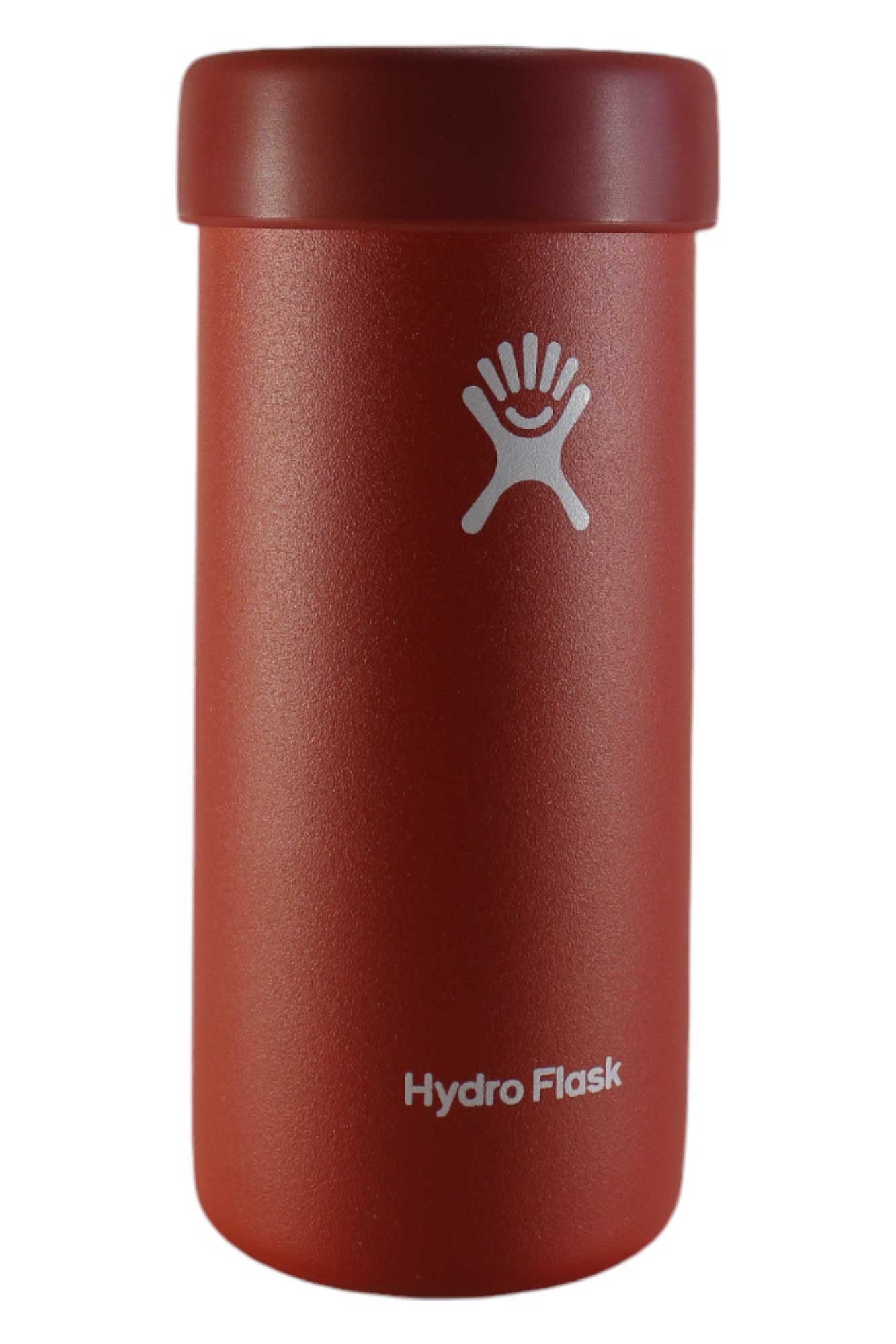 Hydro Flask 12oz slim cooler cup with dark red lid, copper-orange body and hand logo