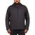 A man faces forward wearing the Moosejaw Mens Hooded Softshell Jacket in black with zippered pockets and dark jeans, set against a white background.