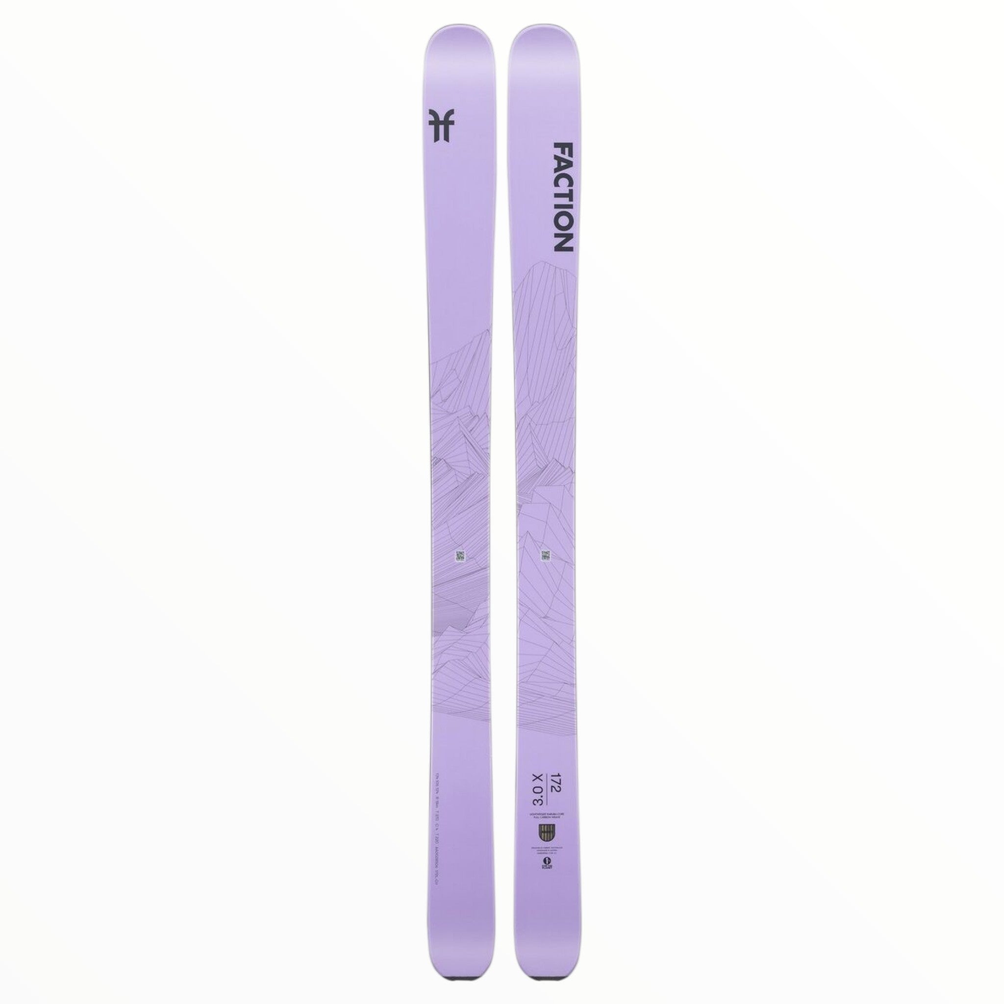 A pair of Faction Agent 3.0X Skis - 2021 in light purple with subtle geometric patterns, Faction logos on the tips, and a lightweight Koruba woodcore for enhanced performance.