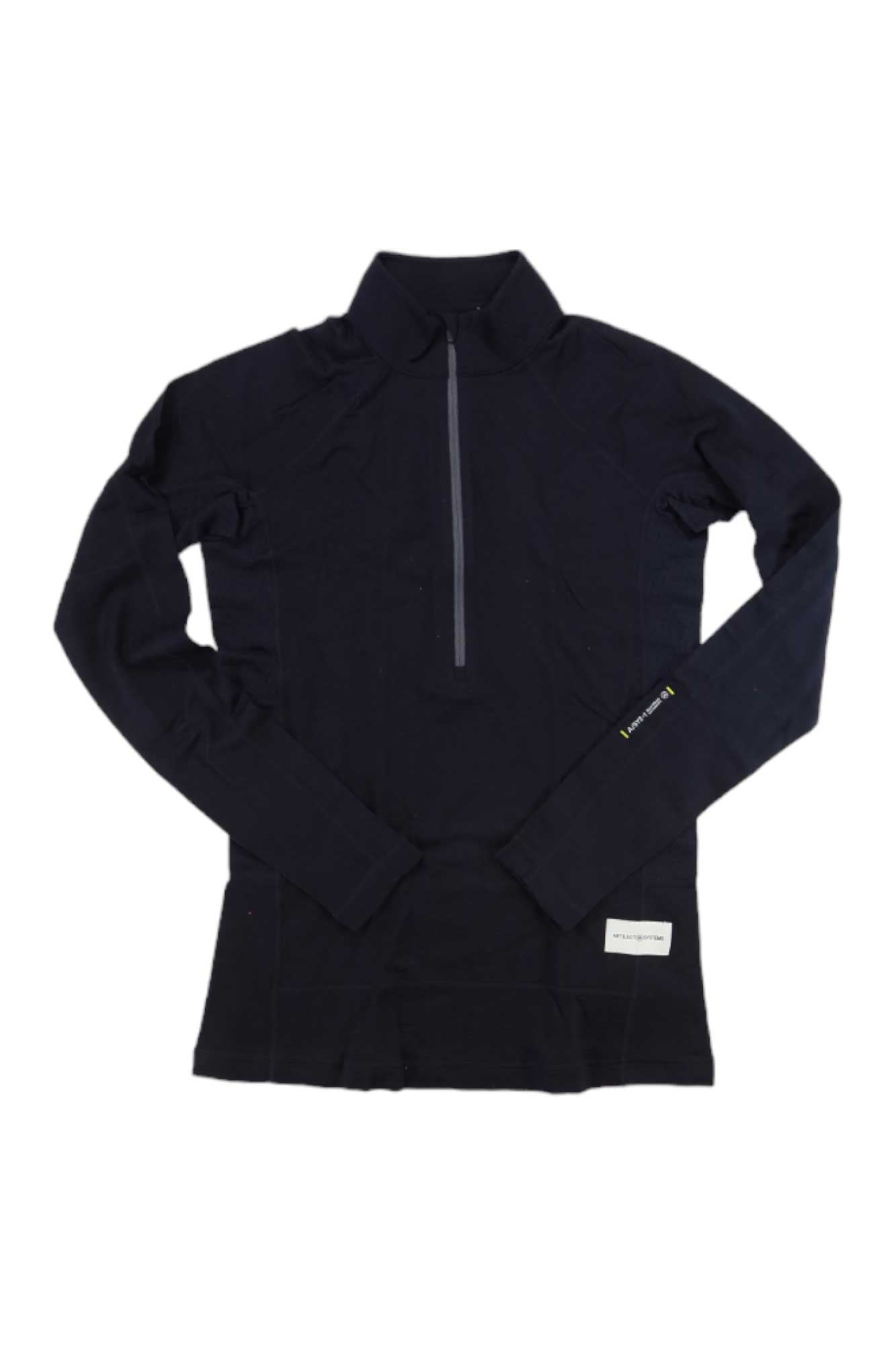The Artilect Womens Boulder 125 1/4 Zip Top is an ultralight, long sleeve multisport shirt with a stand-up collar and quarter-zip, shown laid flat on a white background with a small rectangular label at the bottom hem.