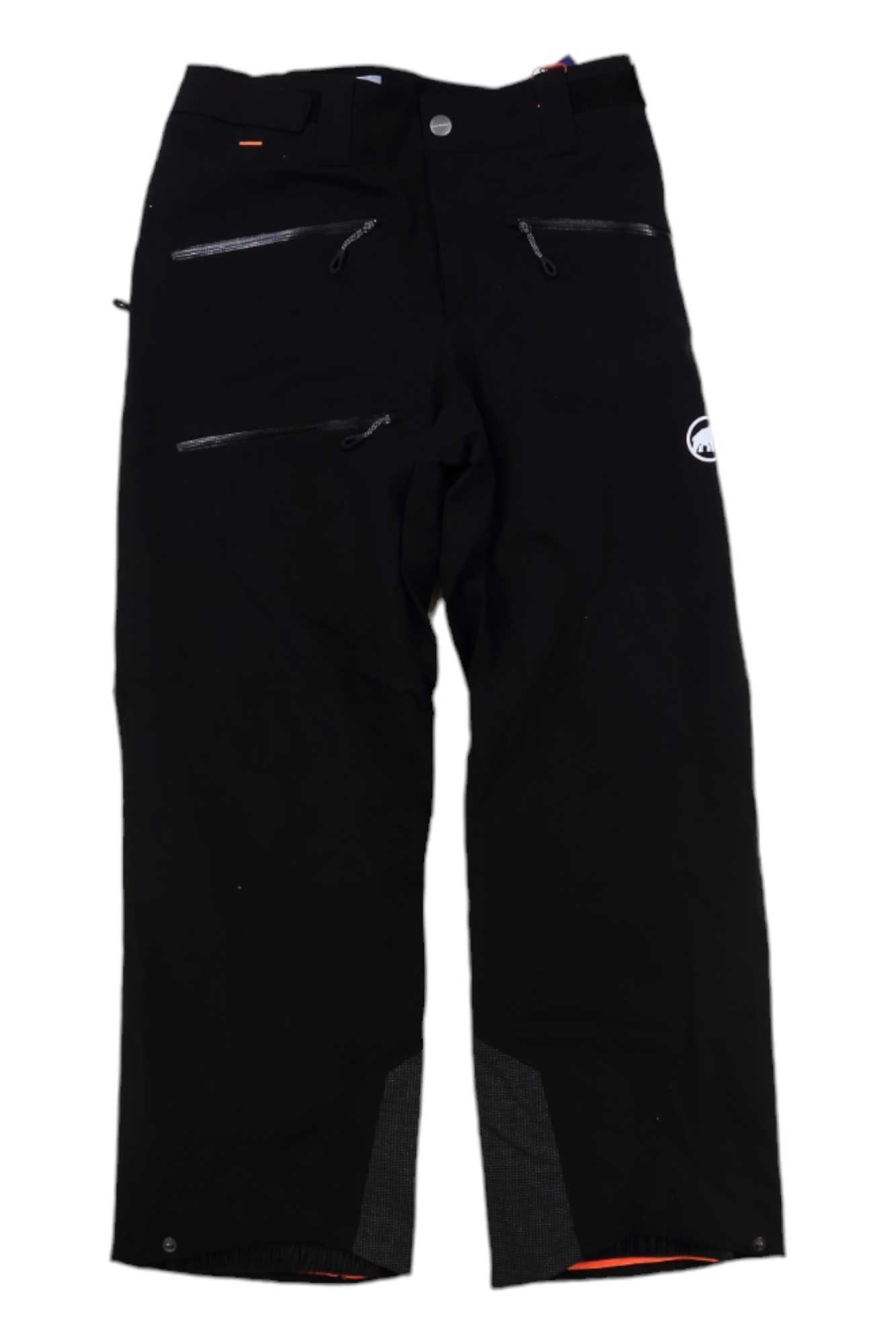 A pair of Mammut Mens Stoney HS Pants, black waterproof snow pants with zippered pockets, reinforced cuffs, and a small white logo on the upper left thigh, is displayed flat on a white background.