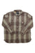 The Carhartt Women's Loose Fit Heavyweight Twill Overshirt features a beige, brown, and red plaid pattern, two chest pockets, a small logo patch on one pocket, and is shown laid flat on a white background.