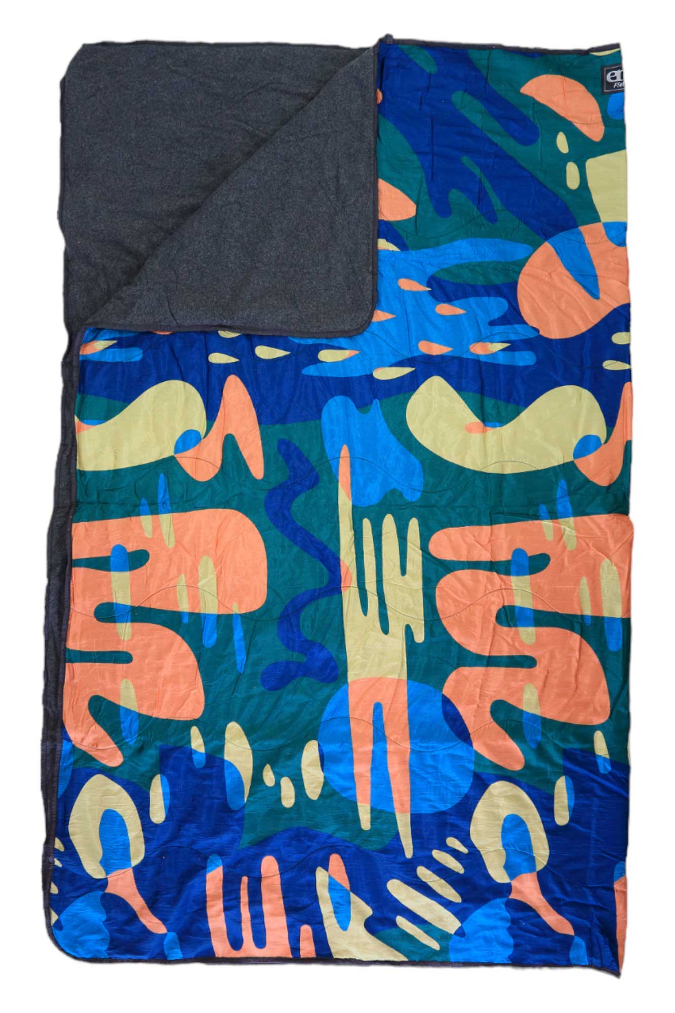 The Eagles Nest Outfitters FieldDay Blanket is made from recycled polar fleece, with a dark gray inner lining and a vibrant blue, green, orange, and yellow abstract outer—perfect as a sleeping bag or cozy outdoor blanket.