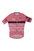 The Rapha Mens Etape RCC Pro Team Flyweight Jersey is a pink, short-sleeve performance cycling top featuring geometric patterns, "RCC" text, black stripes, and Rapha branding on the chest and sleeve.