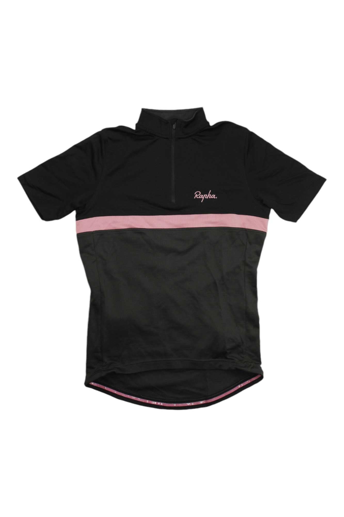 The Rapha Mens Clubhouse Jersey is a black short-sleeve cycling top featuring a front half-zip, pink chest stripe, and Rapha logo on the left side.