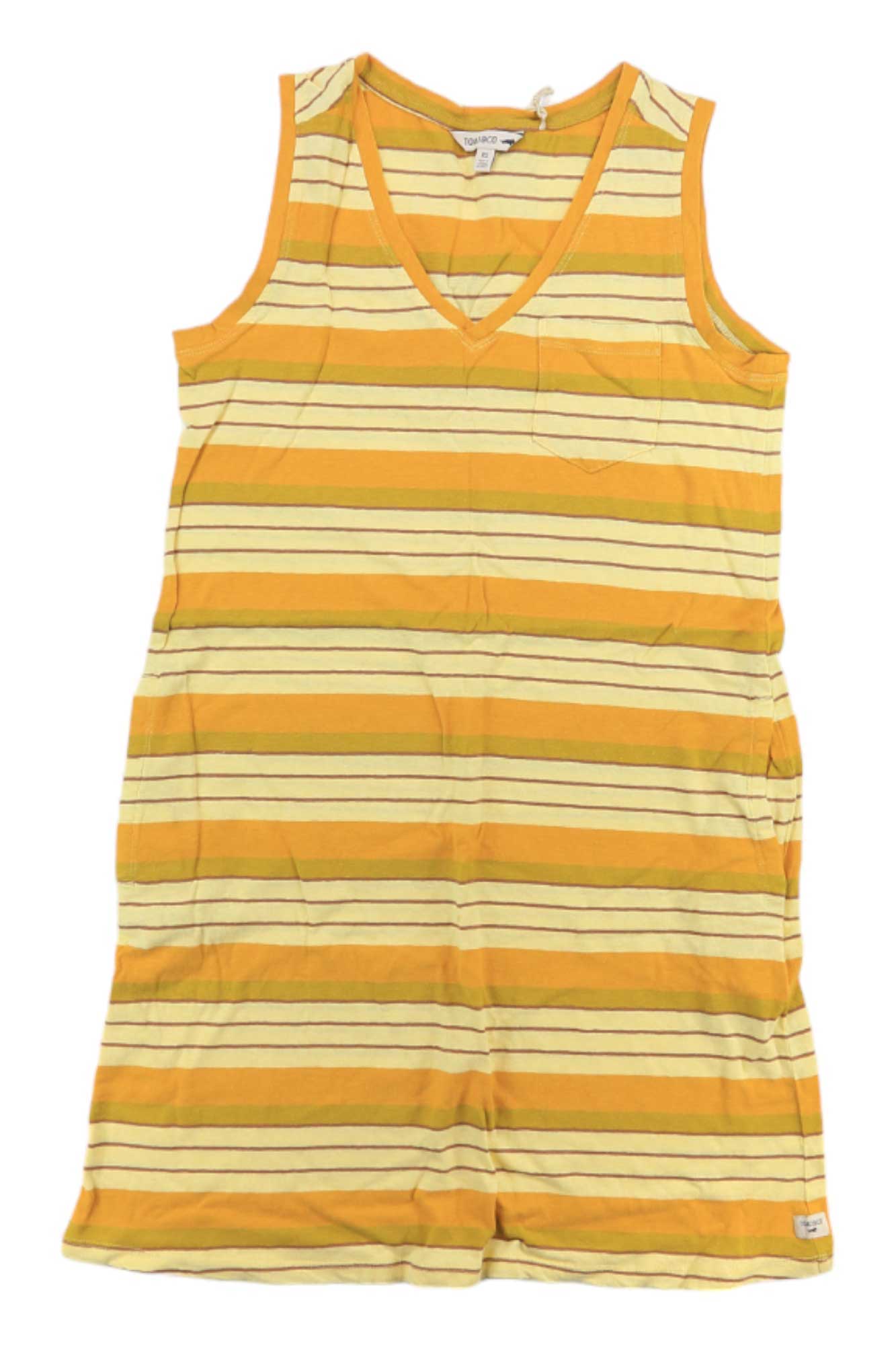 The Toad & Co Womens Grom Tank Dress is a sleeveless travel dress with yellow, orange, and white stripes, a V-neckline, small chest pocket, and soft organic cotton fabric that feels gentle on skin with a slightly wrinkled look.
