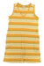 The Toad & Co Womens Grom Tank Dress is a sleeveless travel dress with yellow, orange, and white stripes, a V-neckline, small chest pocket, and soft organic cotton fabric that feels gentle on skin with a slightly wrinkled look.