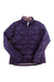 The Big Agnes Women's Cora Pullover is a purple quilted down jacket with a half-zip front, high collar, and long sleeves. It features a lighter pink lining and is shown on a white background as a stylish, packable mid layer.