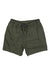 Men's olive pull-on shorts with black drawstring and elastic waistband