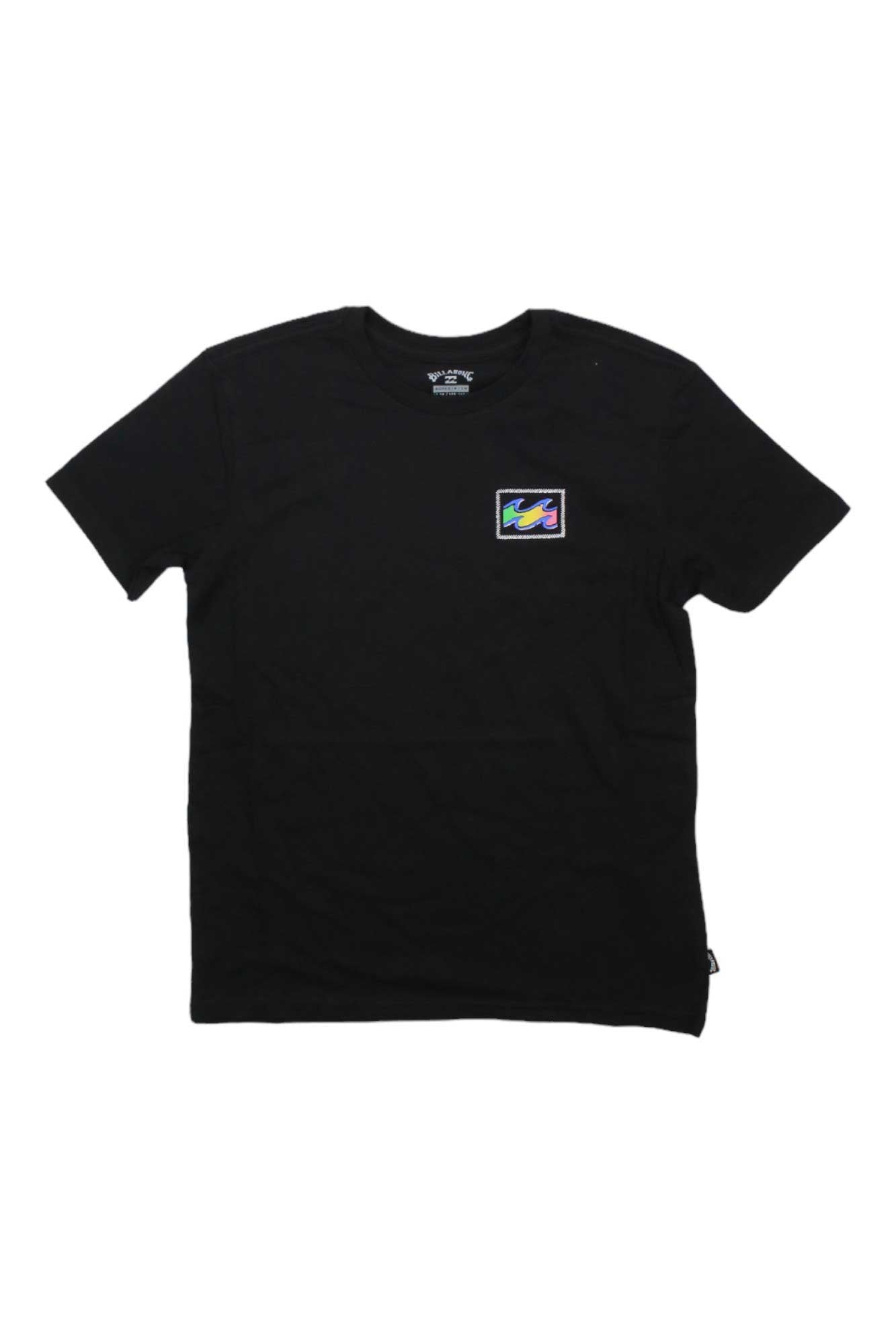 The Billabong Boys Crayon Wave SS Tee is a black short-sleeve cotton t-shirt featuring a small, colorful rectangular patch on the left chest—ideal for kids’ casual style.