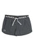 The Under Armour Girl's Play Up Solid Shorts are dark gray athletic shorts with an elastic waistband featuring the brand name in white, a white drawstring, and a small white logo. Moisture-wicking fabric keeps you cool and comfortable.