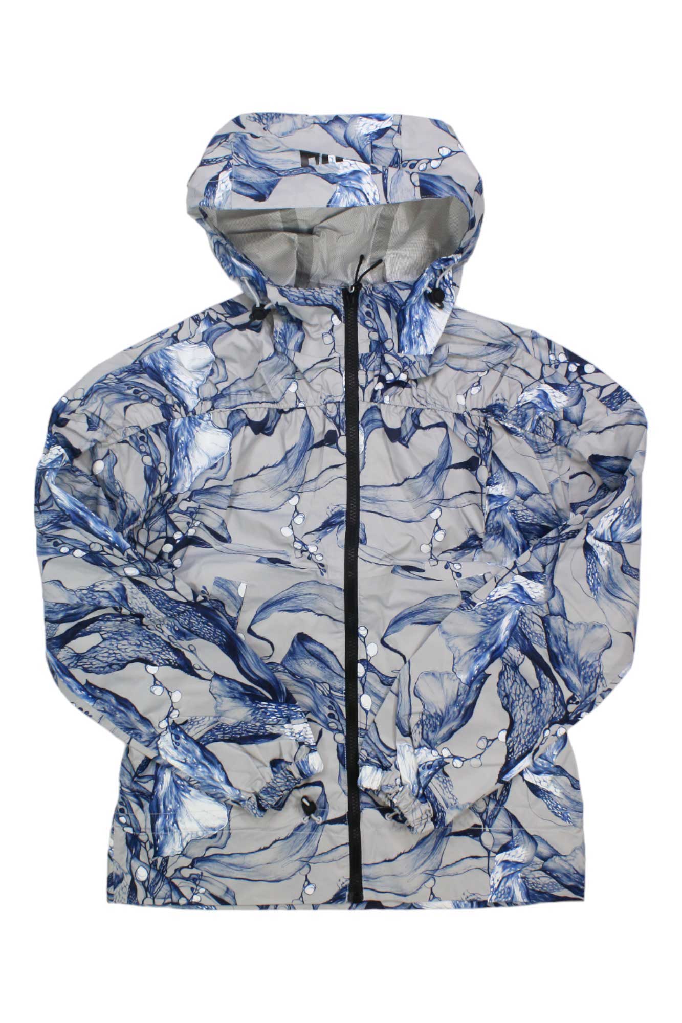 The Helly Hansen Women's Escape Jacket features a blue and white abstract floral design, front zipper, adjustable hood, and side pockets, shown on a plain white background.