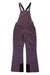 The Obermeyer Womens Malta Overalls Bib features purple waterproof fabric, black adjustable shoulder straps, wide legs, front and zippered side pockets, plus reinforced black bottoms—perfect insulated ski bibs for women. Laid flat on a white background.