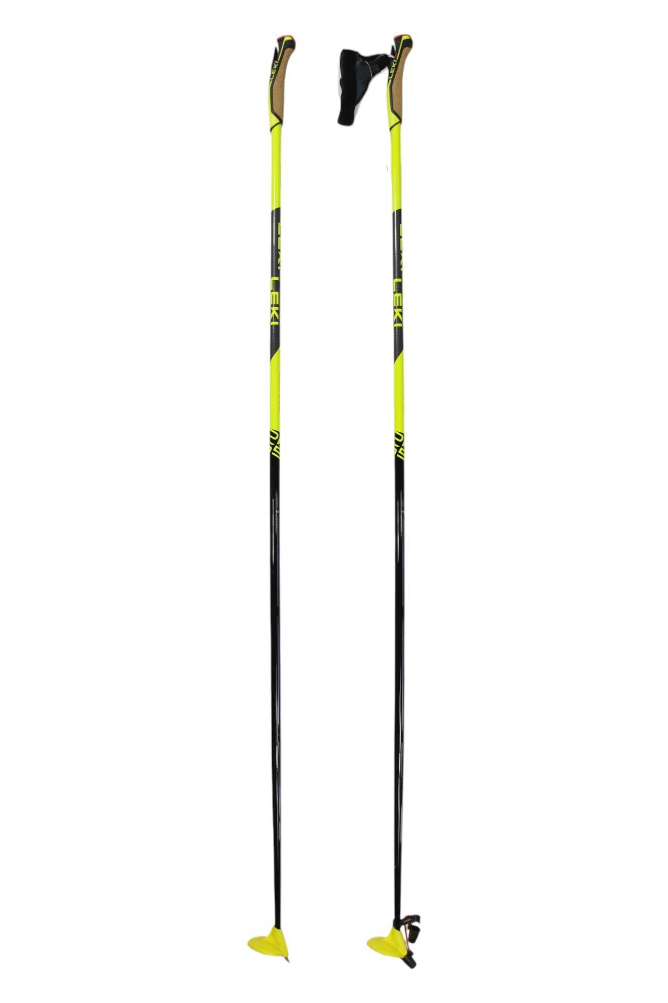 LEKI ski poles, tall bright yellow shafts with dark sections and pointed snow tips