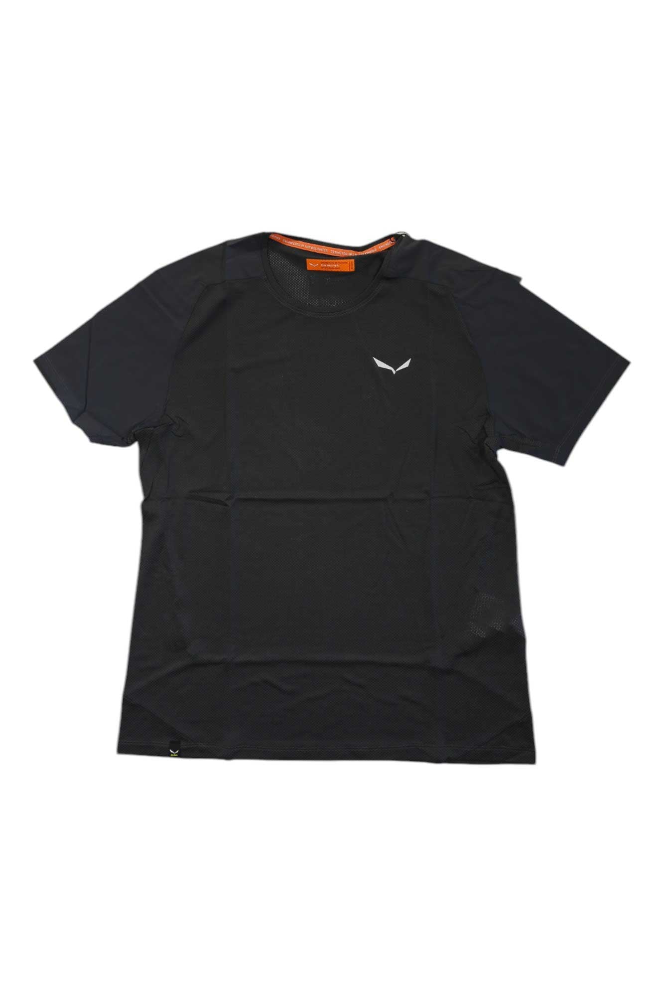 Men's athletic T-shirt in dark black, crew neck, short sleeves, small chest logo, orange tag