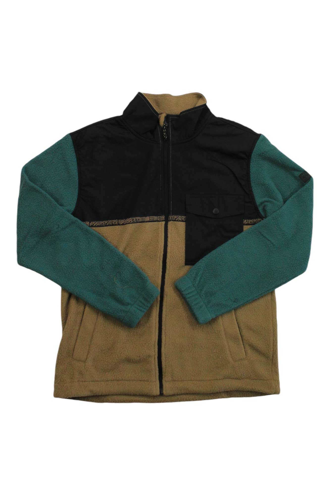 The Billabong Mens Boundary Trail Zip Top features teal sleeves, a tan body, black chest panel, chest pocket, double polar fleece fabric, front zipper, and two side pockets for warmth and style.