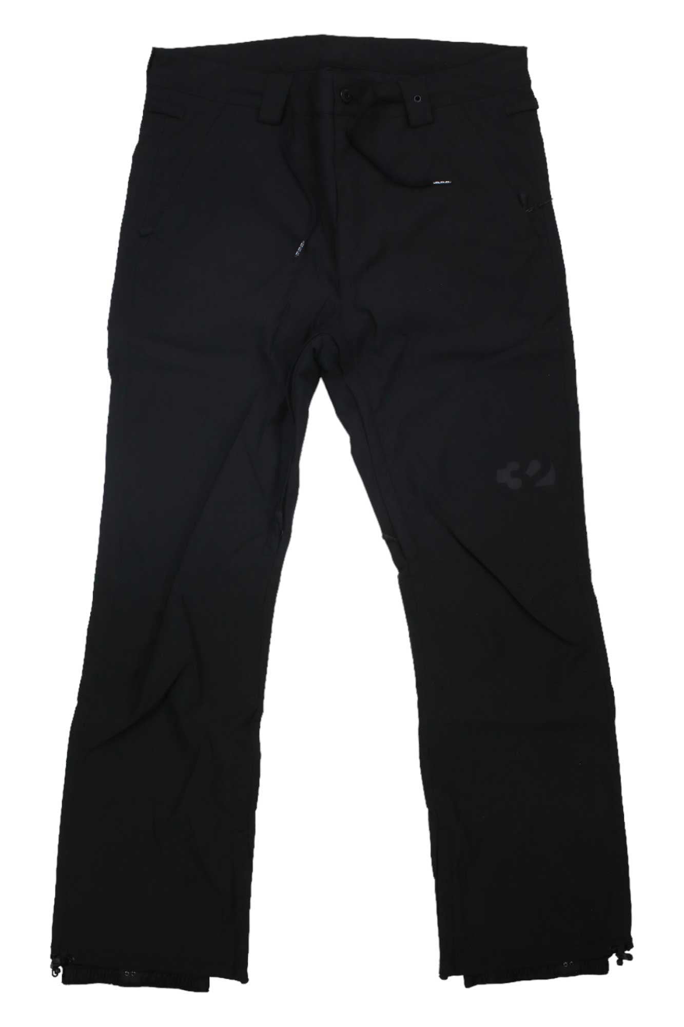 The ThirtyTwo Mens Wooderson Pant in black, made from recycled polyester, features belt loops, front pockets, and a zippered fly; shown laid flat on a white background.
