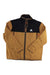 The Orage Men's Albert Fleece Layering Jacket features a brown and black color-block design, high collar, orange zipper pulls, a triangular left-chest logo, long sleeves, and is made from recycled polar fleece for comfort.