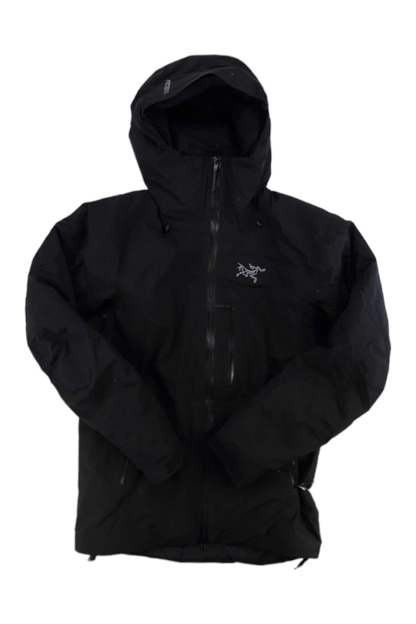 The Arcteryx Men's Beta Insulated Jacket in black features a hood, front zipper, and a small white logo on the left chest, displayed flat.