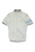 The Rapha Mens Super Lightweight Jersey is a light gray, short-sleeve cycling top featuring a front zipper, gray collar and cuffs, a light blue stripe on the left sleeve, and "Rapha" embroidered on the chest.