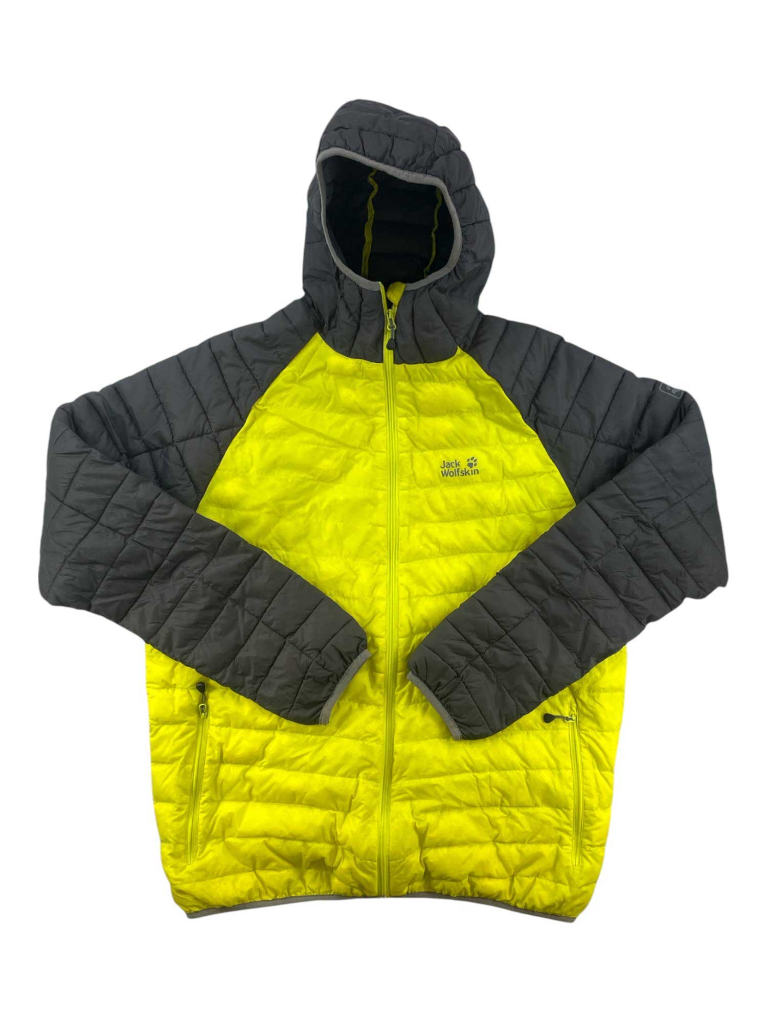 The Mens Troposphere Superloft Jacket is a two-tone hooded jacket with a yellow body, gray sleeves and hood, synthetic insulation, front zipper, two zippered pockets, and a small logo on the left chest.