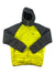 The Mens Troposphere Superloft Jacket is a two-tone hooded jacket with a yellow body, gray sleeves and hood, synthetic insulation, front zipper, two zippered pockets, and a small logo on the left chest.