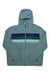 The Cotopaxi Womens Teca Fleece Hooded Full-Zip Jacket is light blue with dark blue and teal stripes, a left-chest logo, side pockets, long sleeves, recycled fleece fabric, and a cozy hooded full-zip design.