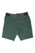 The Rab Men’s Venant 11 Inch Short is a green knee-length hiking short with a front zipper, button closure, black waistband featuring a yellow stripe, water-resistant fabric, and 4-way stretch. Shown laid flat on a white background.
