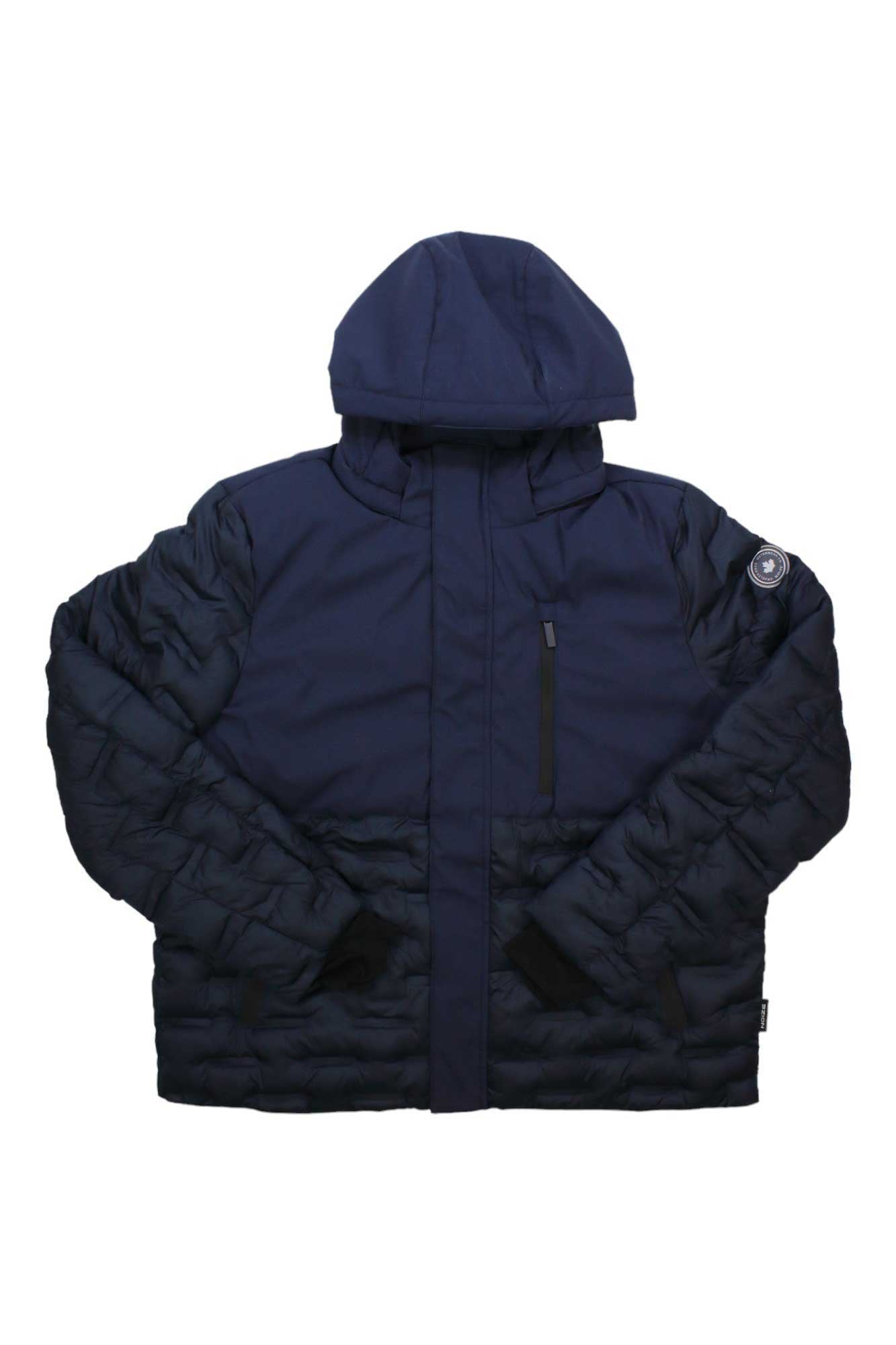 The NOIZE Men's Dawson Jacket, shown in navy blue and laid flat on a white background, features a hood, long sleeves, and chest zipper pocket. This insulated quilted puffer offers warmth and style for outdoor adventures.