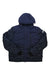 The NOIZE Men's Dawson Jacket, shown in navy blue and laid flat on a white background, features a hood, long sleeves, and chest zipper pocket. This insulated quilted puffer offers warmth and style for outdoor adventures.