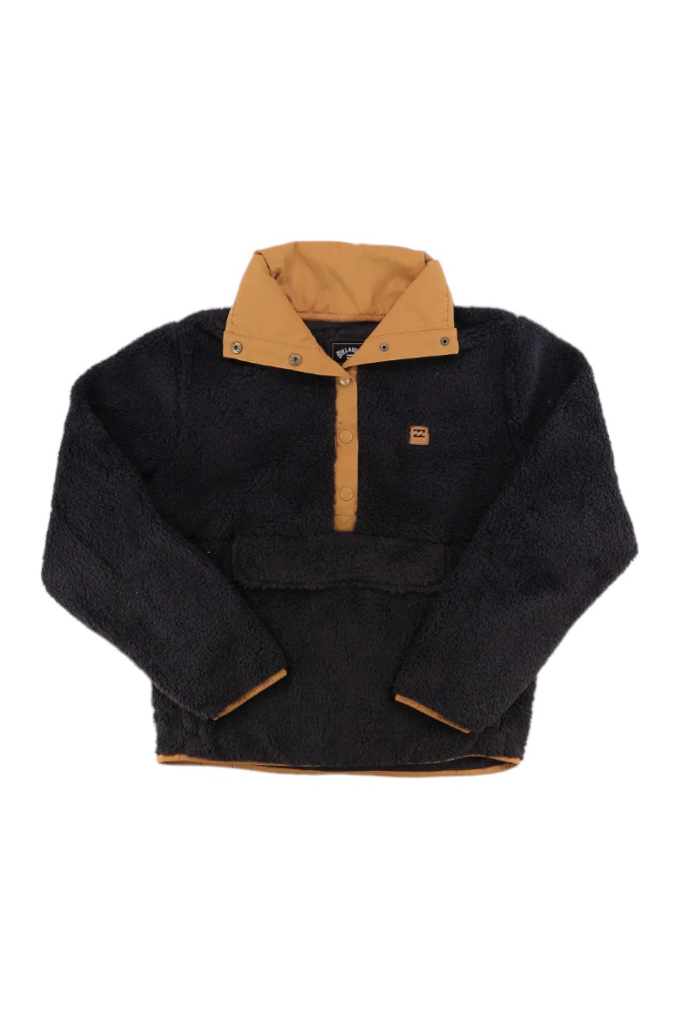 The Billabong Women's Switchback Pullover is a cozy fleece jacket with a camel collar and button placket, black fuzzy body and sleeves, front kangaroo pocket, and a chest logo patch.