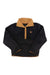 The Billabong Women's Switchback Pullover is a cozy fleece jacket with a camel collar and button placket, black fuzzy body and sleeves, front kangaroo pocket, and a chest logo patch.