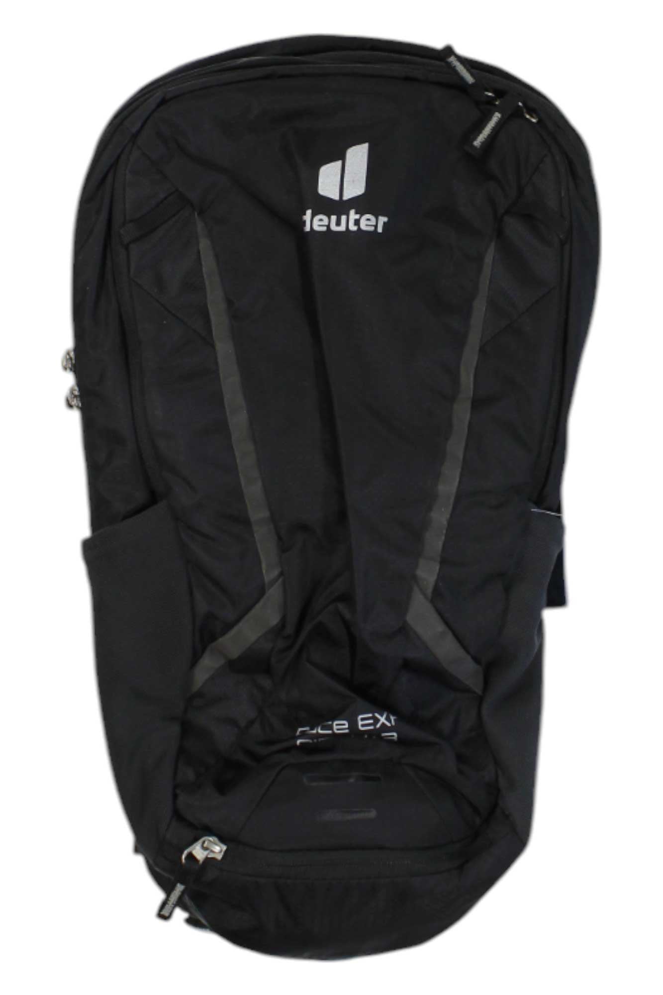 The Deuter Race EXP Air 14L Pack is a black mountain bike backpack with gray accents, front zipper pocket, side pockets, and expandable capacity, shown on a white background.