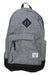 The Herschel Supply Company Heritage Backpack features a gray subtle plaid design, a black bottom, front zippered pocket, stitched black patch top center, small white label lower right, and is laptop compatible—ideal for travel.