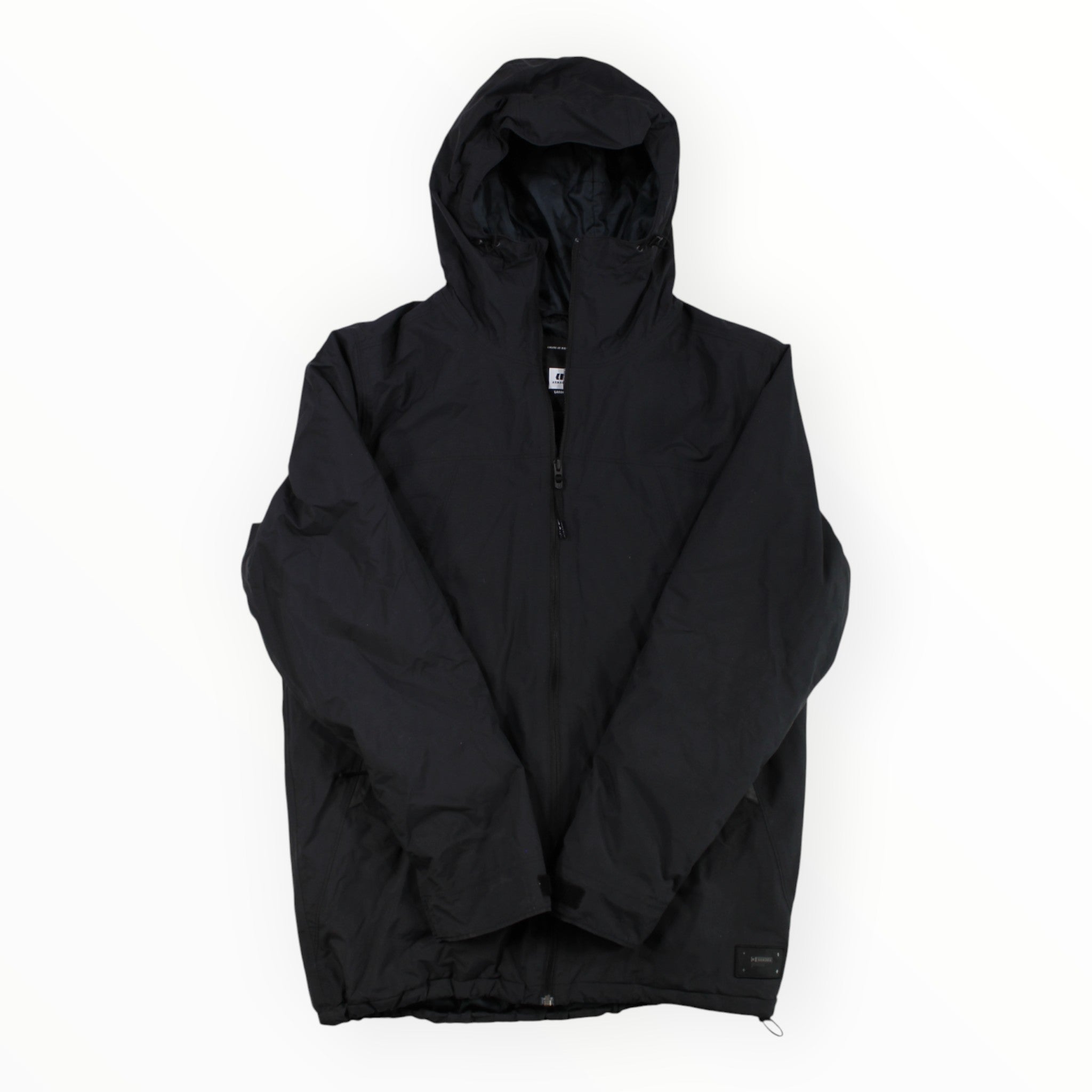 The Armada Mens Reedy 2L Insulated Jacket, in black with a hood and long sleeves, is laid flat on a white background showing the front side and a partially visible zipper.