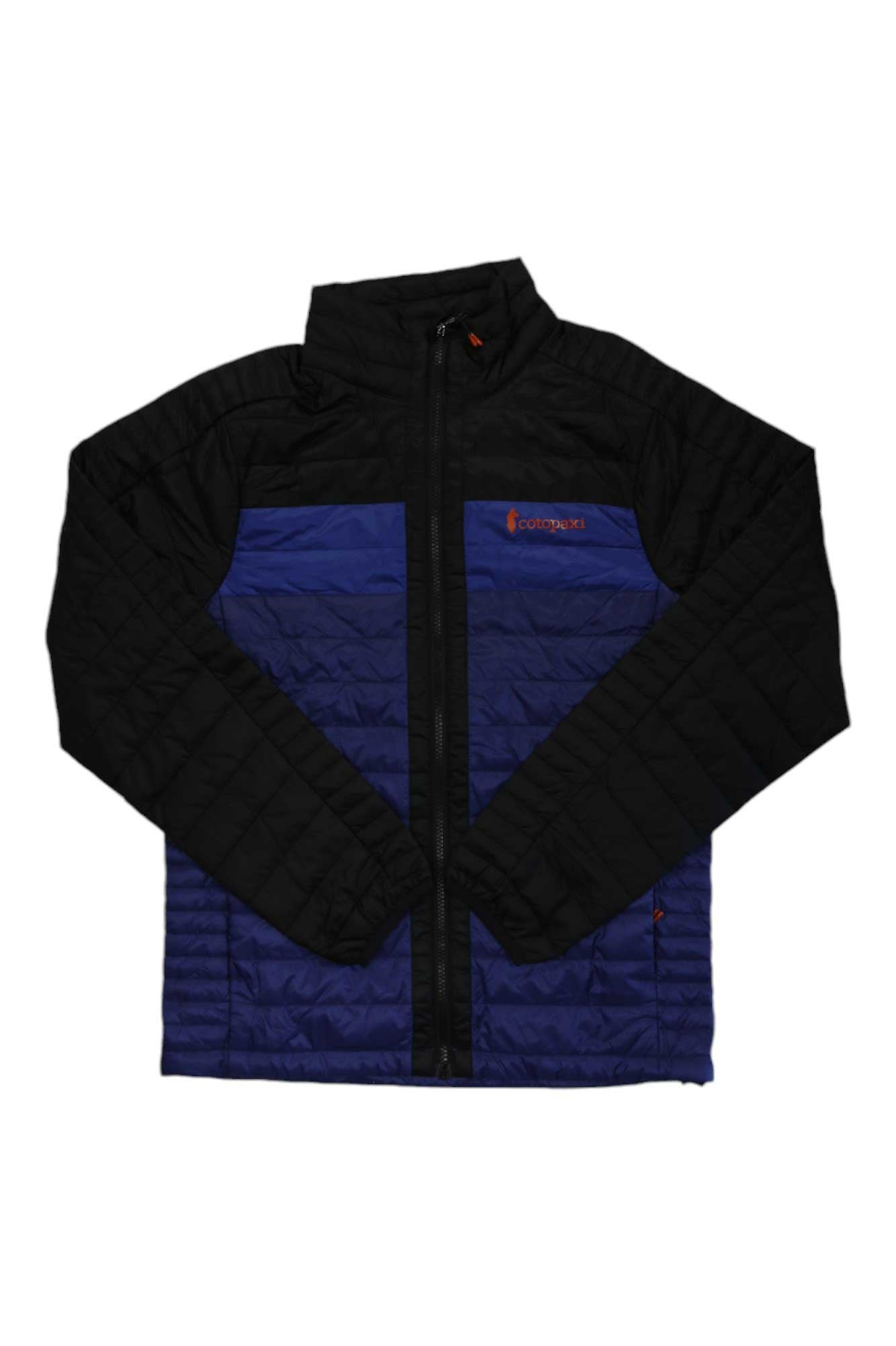 The Cotopaxi Mens Capa Insulated Jacket features Primaloft insulation, quilted design, black sleeves and chest, dark blue body, front zipper, stand-up collar, embroidered chest logo, and is made from recycled nylon.