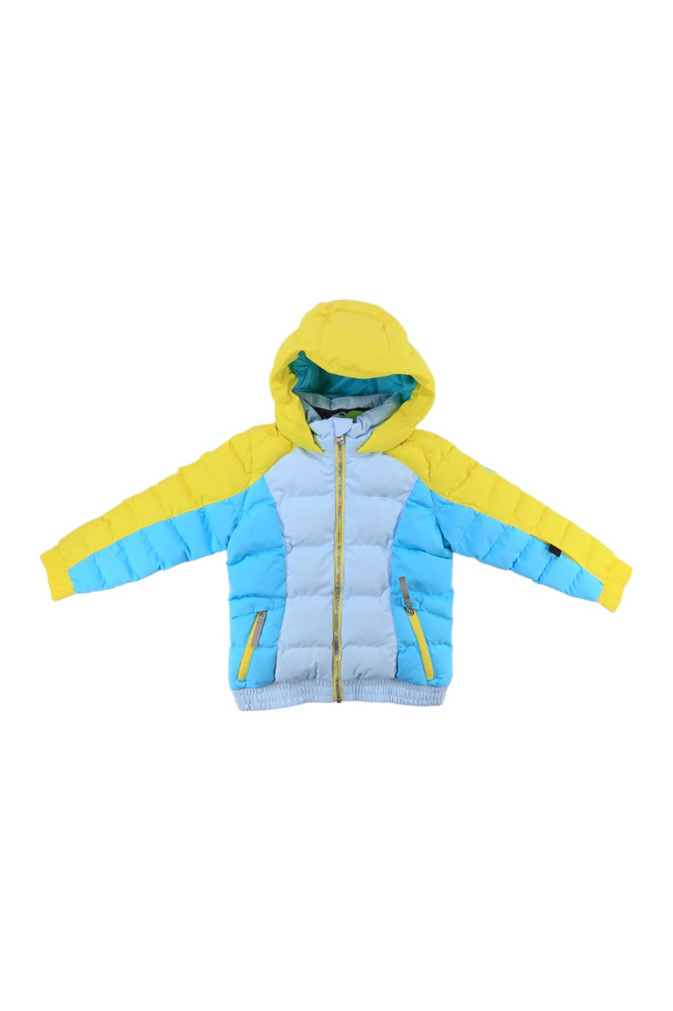 The Spyder Toddler Girls Atlas Synthetic Jacket features teal, light blue, and yellow panels with a yellow hood and zippered pockets. Insulated with synthetic down for warmth, it's shown with arms spread out on a white background.