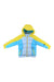 The Spyder Toddler Girls Atlas Synthetic Jacket features teal, light blue, and yellow panels with a yellow hood and zippered pockets. Insulated with synthetic down for warmth, it's shown with arms spread out on a white background.