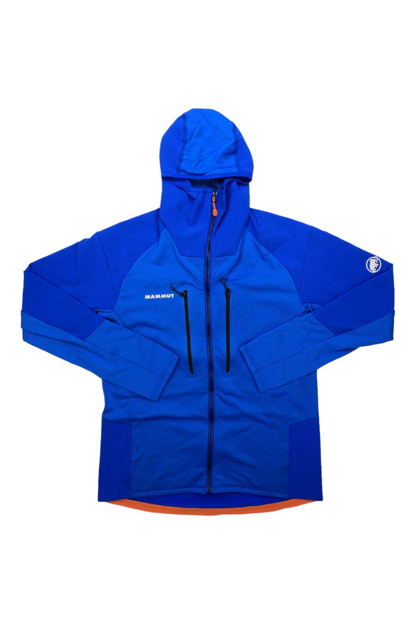 The Mammut Mens Eiswand Advanced ML Hooded Jacket is a bright blue, abrasion-resistant climbing jacket with long sleeves and two vertical zippered chest pockets. "Mammut" appears on the left chest; the jacket is laid flat on a white background.