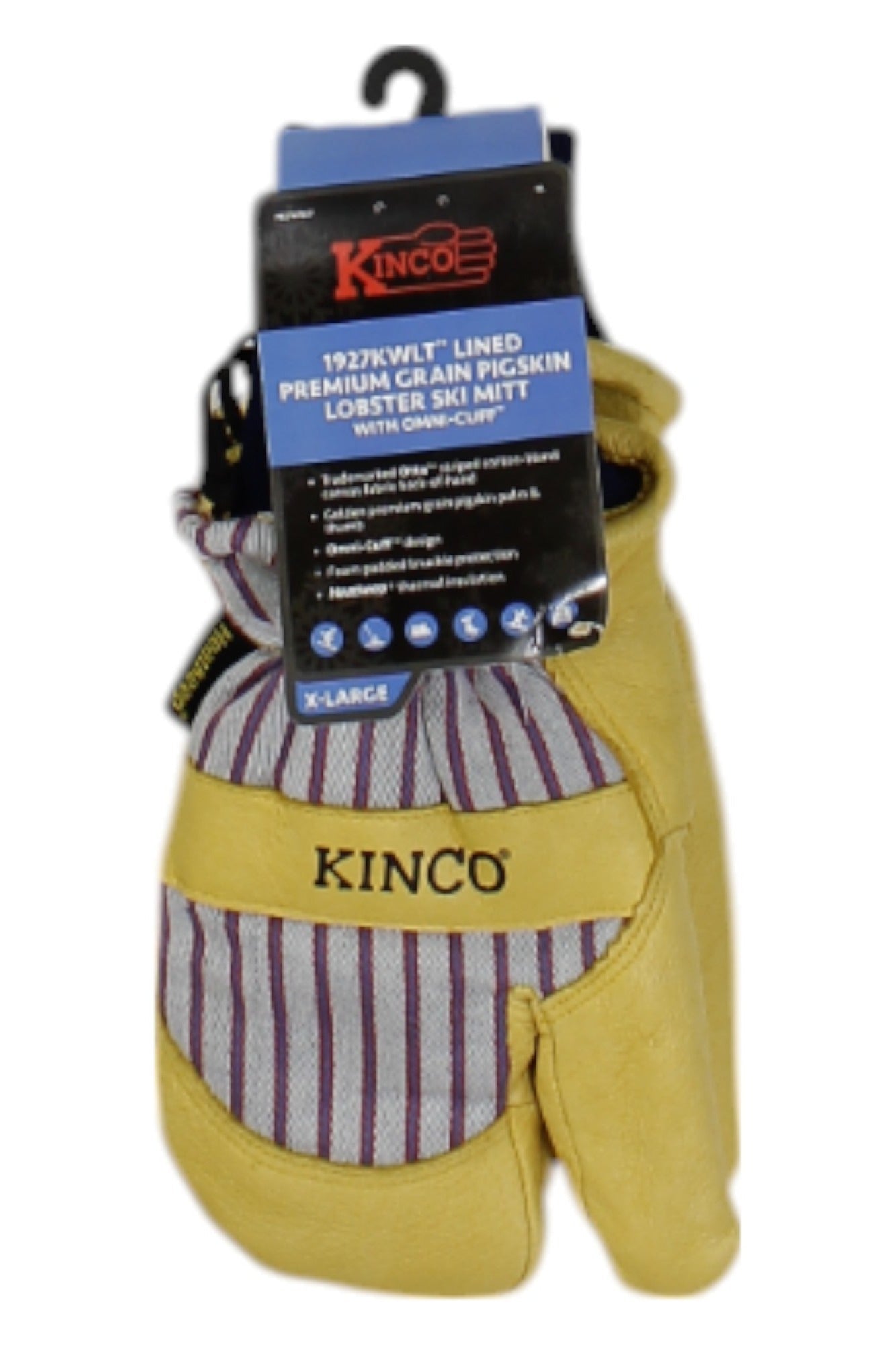 A pair of Kinco Lined Premium Grain Pigskin Lobster Ski Mitts (X-Large) with yellow leather, striped fabric, and Omi cuff, shown in packaging on a black hook. Ideal winter gloves for cold-weather adventures.