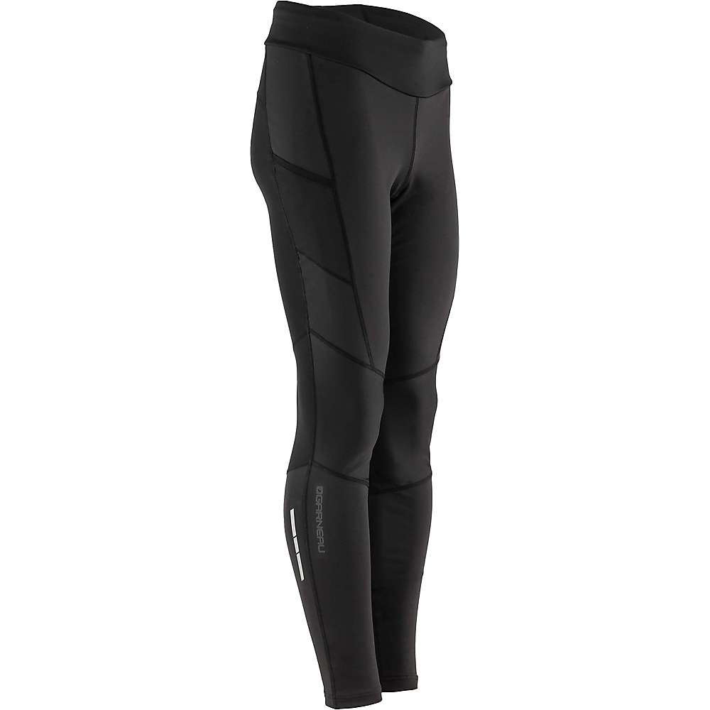 Louis Garneau Womens Solano Tight shown on a mannequin, featuring subtle seam details and a small reflective design by the lower leg. These fitted, high-waisted chamois tights offer smooth, stretchy fabric and cycling-inspired style.