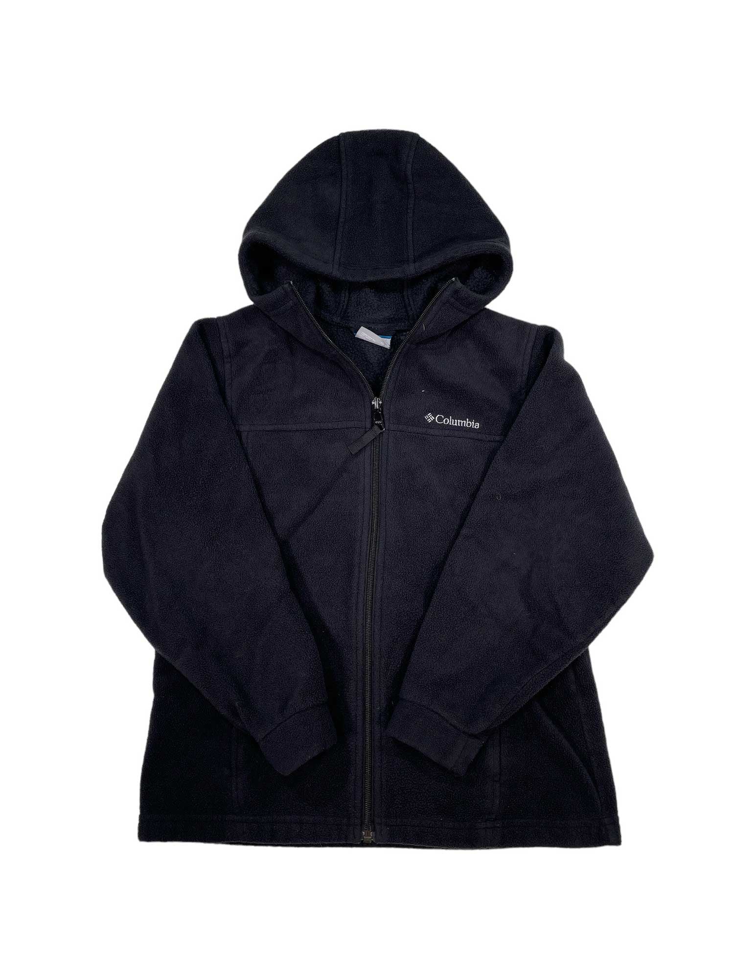 The Kids Full Zip Fleece Jacket in black features a hood, long sleeves, and the Columbia logo on the left chest—ideal for young adventurers. Shown laid flat on a white background.